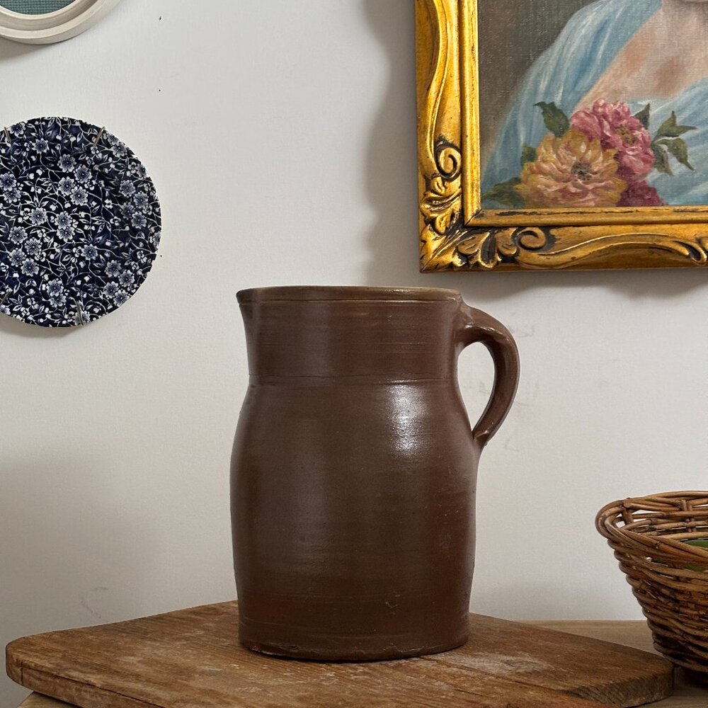 Vintage Large French Brown Toned Glazed Stoneware Pitcher